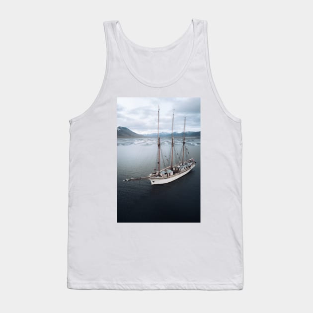 Sailing Ship in front of a Mountain Valley in Norway Tank Top by regnumsaturni